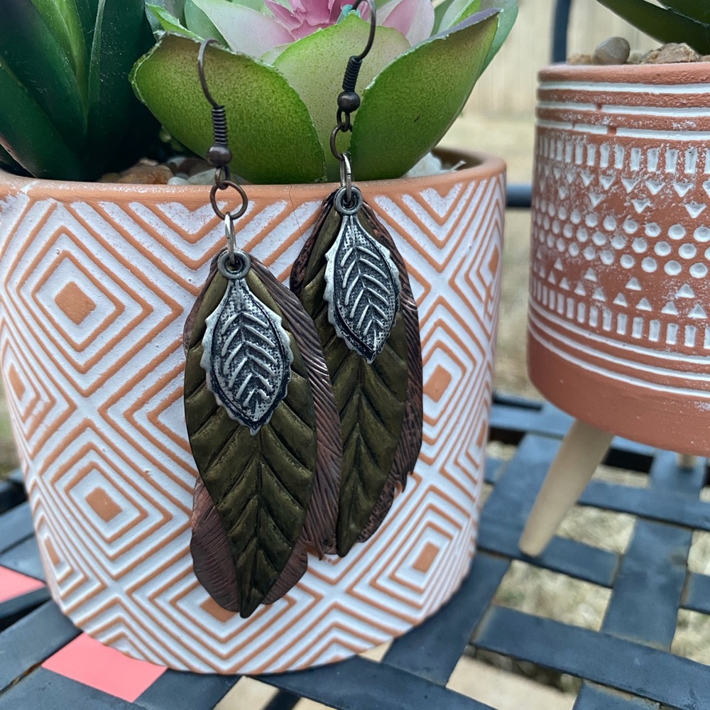 Leaf Design Earrings with Mixed Metal Accents